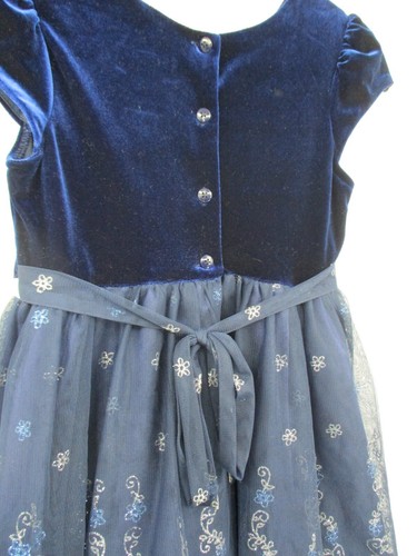 Jona Michelle Girls Dress 7 Blue Sequins Lined Short Sleeves Button Back Velour - Picture 7 of 16