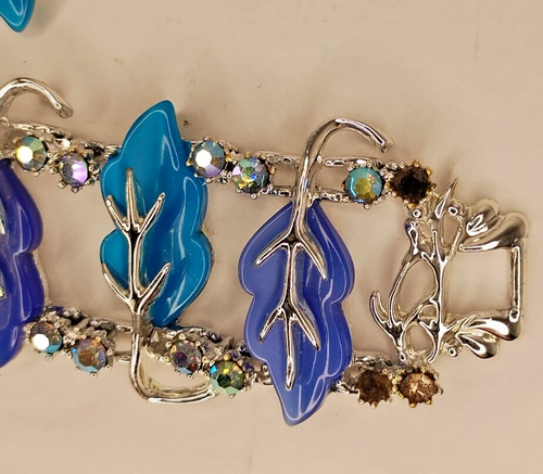 Silver Costume Jewelry Blue Glass Leaves Clip-on Earrings Bracelet Set Vintage  - Picture 4 of 10