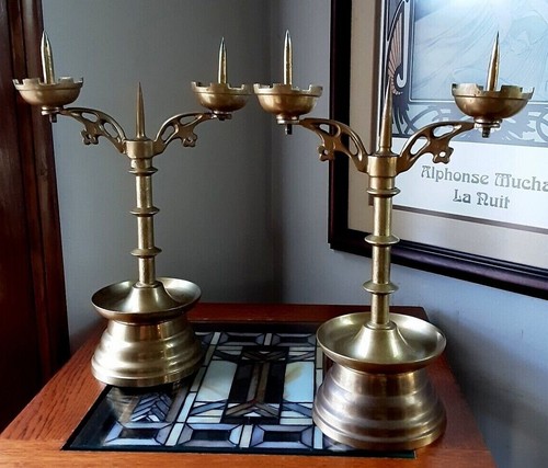 Antique Church Brass or Bronze Three Pricket Candle Holders Candelabras Set of 2 - Picture 2 of 10