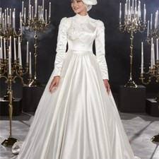 High Neck Muslim Satin Wedding Dress Long Sleeve Appliques Corset Bridal Gowns