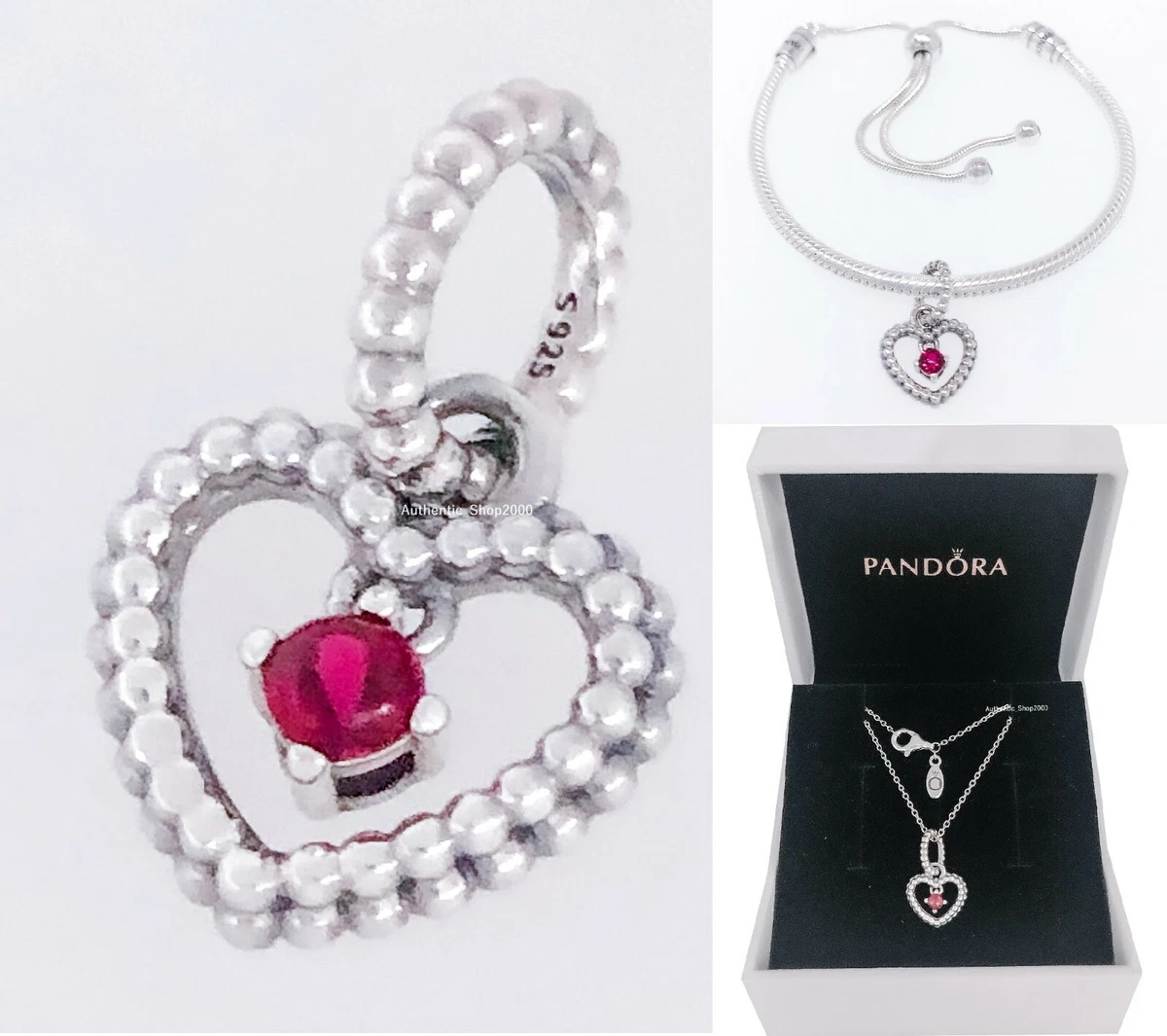 NEW PANDORA July Red Beaded Heart Charm Pendant Necklace Bracelet