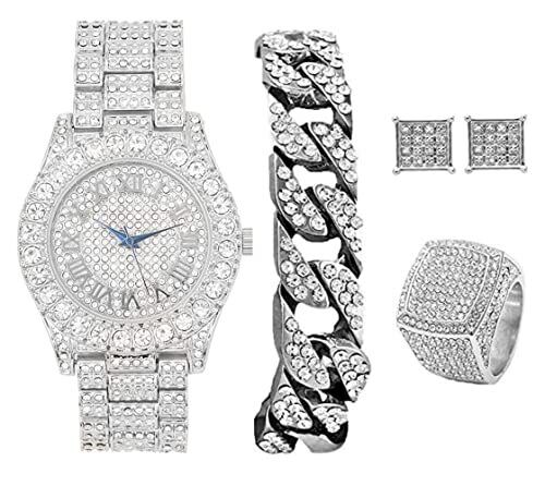 Bling-ed Out Hip Hop Watch & Jewelry Set Cuban Chain Bracelet, Earrings & Ring. - Picture 1 of 51