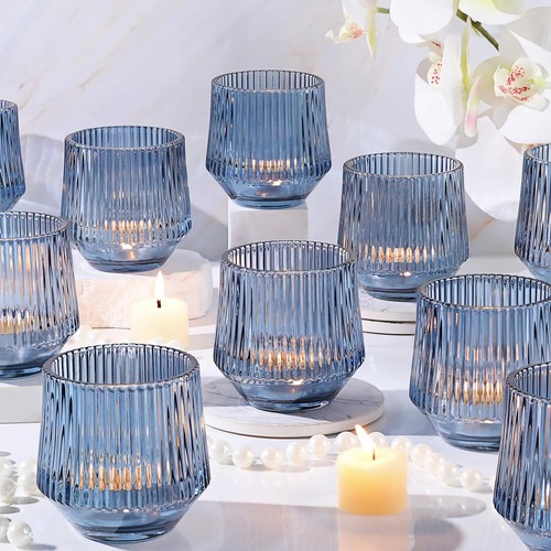 12 Pcs Large Blue Votive Candle Holders- 3.15"×3.15" Ribbed Blue Candle Holde...
