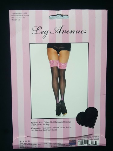 Leg Avenue Pink Black Stockings Lace style 1039 one size Cuban heel backseam sxy - Picture 5 of 6