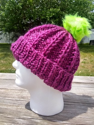 Women's Rib Beanie Hat Chunky Fuchsia Cap Hand Knit Green Pompom Vegan Acrylic - Picture 2 of 11