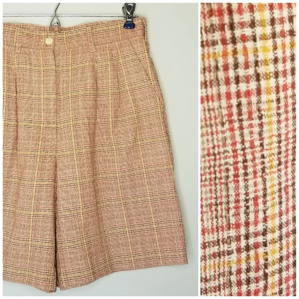 Vtg 80s 90s Tail Twill Plaid Check Red Brown Bermuda High Waist Pleated Shorts 6