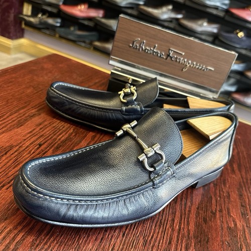 $980 Mens Blue Leather Ferragamo Loafers Shoes Driving Sz 11 D US Made In ITALY - Picture 2 of 12