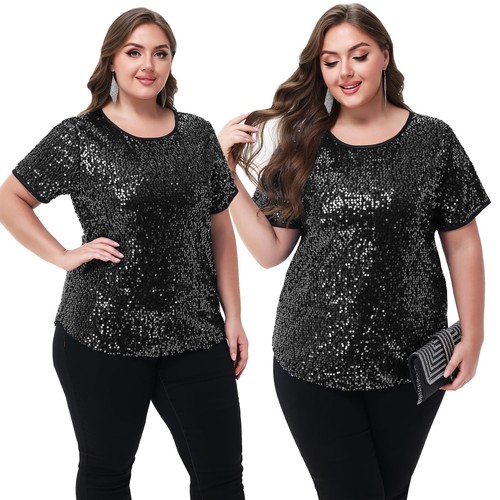 Übergröße Damen Pailletten Tops Rundhals Glitzer Glitzer Kurzarm Bluse - Bild 10 von 32