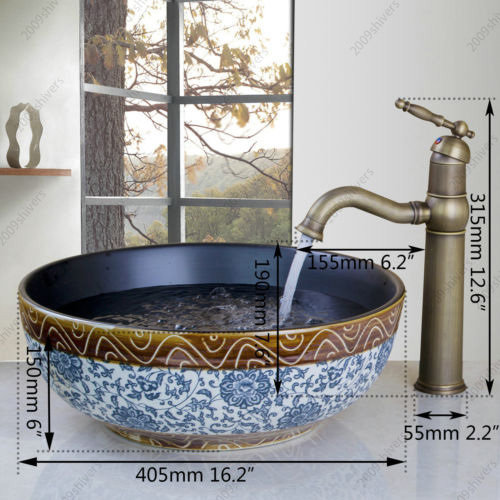 Bathroom Ceramics Round Vessel Sink Washing Deck Mount Basin Bowl Mixer Tap Set - Picture 2 of 8