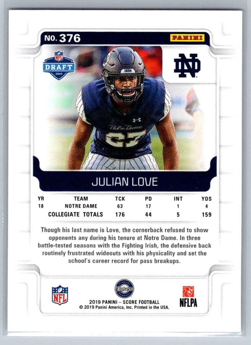 2019 Score Rookie RC #376 Julian Love Notre Dame Fighting Irish Football Card - Picture 2 of 2