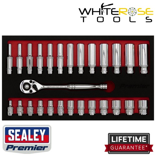 Sealey Ratchet Wrench Socket Set Premier 27pc 1/4"Sq Drive Standard Deep - Afbeelding 1 van 4