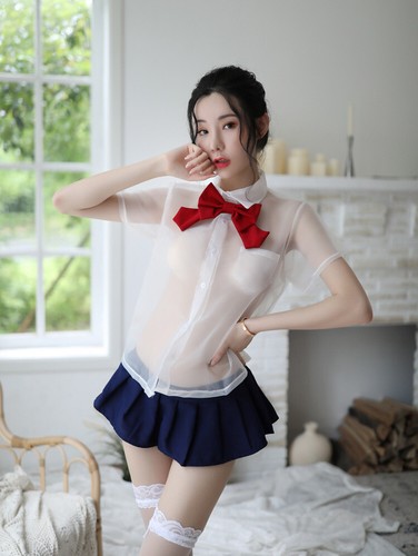 Sexy Lingerie Schoolgirl Pleated Skirt Transparent Shirt Cosplay Student Uniform - Picture 10 of 26