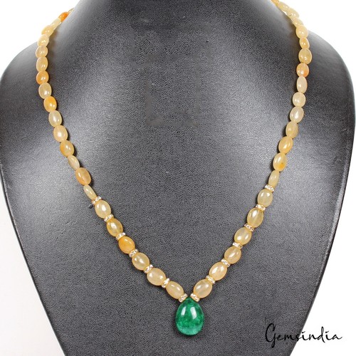 20" Natural Yellow Quartz/ Green Emerald Beaded Handmade Designer Women Necklace - Picture 1 of 5