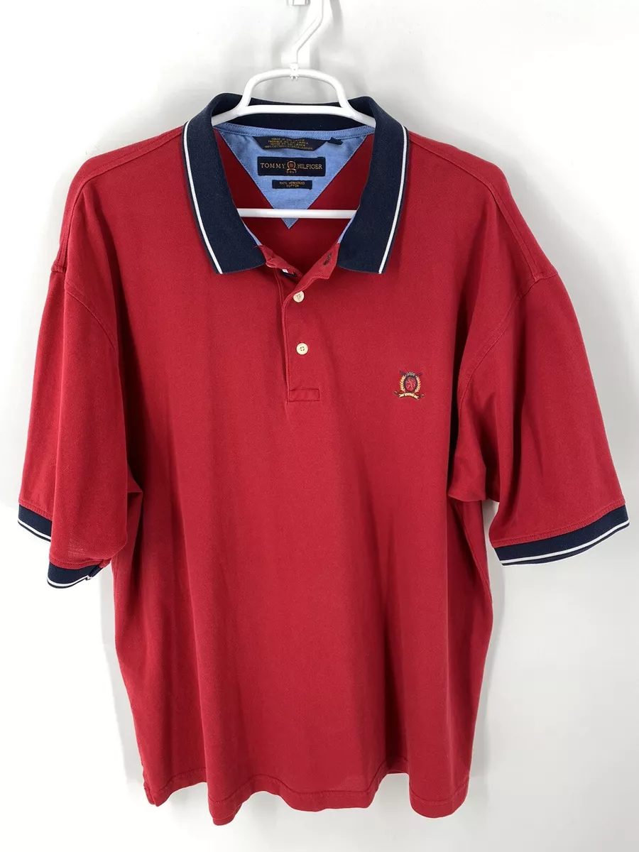 Tommy Hilfiger Golf Shirt Mens XL Red Blue Mercerized Cotton Polo 3 Button  VTG