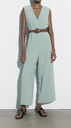 Zara Sleeveless Jumpsuit Wide Leg V-Neck Contrast Belt Womens XL Green Blog fave - Picture 1 of 6