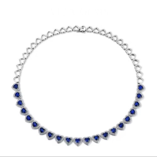 Heart shape Moissanite Lab Created Ruby Blue Sapphire Sterling Silver Necklace - Picture 7 of 8