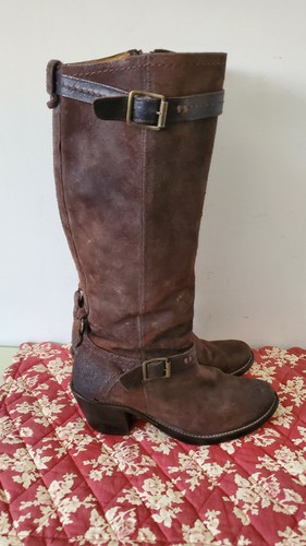 FRYE CARMEN 77384 DISTRESSED ROUGH OUT LEATHER DUAL BUCKLE RIDING BOOTS SIZE 7 B - Picture 2 of 12