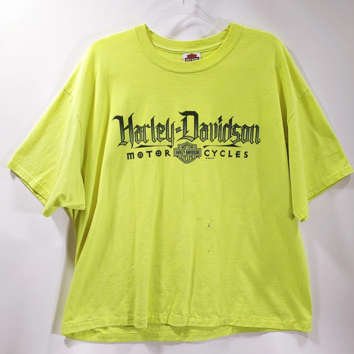 Mens Harley Davidson L Neon Green Streetwear Logo T Shirt Motorcycles Cropped