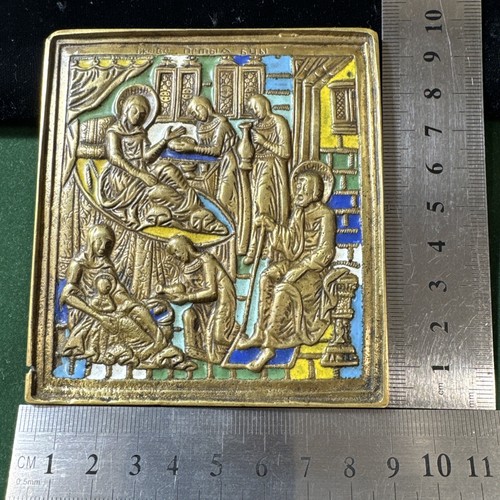 Antique Russian Icon BIRTH of the VIRGIN MARY XIX Cent. Bronze , enamel 9.8x8.9 - Picture 6 of 8