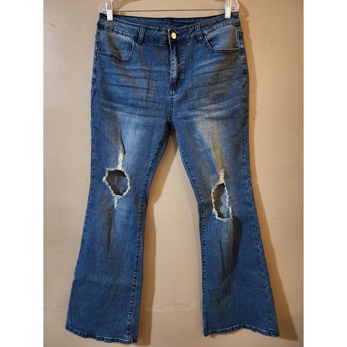 Unbranded Womens Flared Leg Jeans Size XL 16 Blue Destroyed DIstressed High Rise