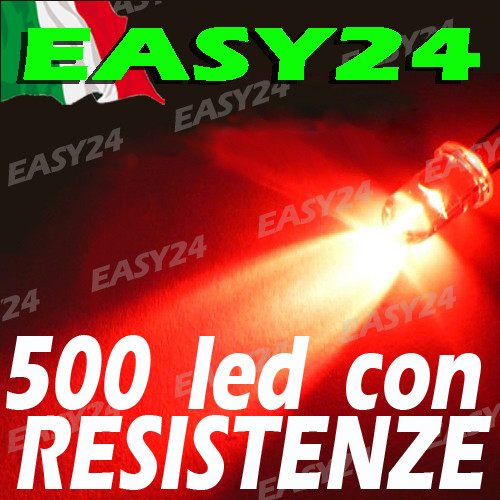 500 DIODI LED ROSSO ROSSI ALTA LUMINOSITA' 20 gradi 5 mm con resistenze - Foto 1 di 1