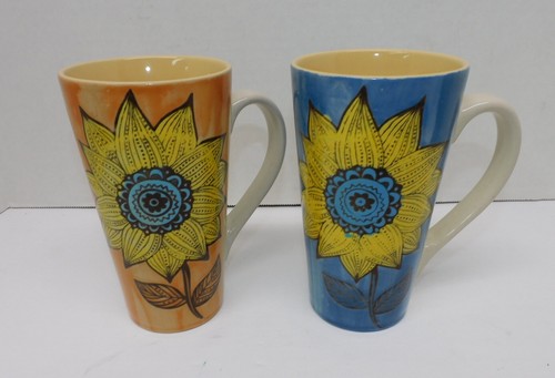 Paar Blumen-/Sonnenblumenmotiv 6" hoch Becher Tasse Tee Kaffee blau & gelb
