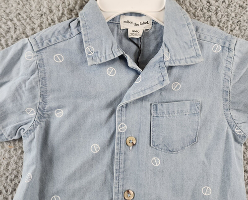 Miles the Label Printed Button Shirt Baby Boys 9Mos Light Blue Patch Pocket S/S - Picture 3 of 12