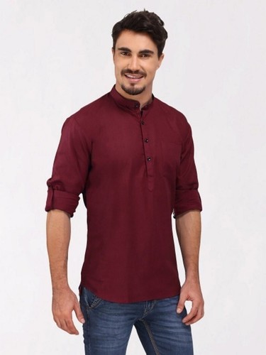 Indian Cotton Solid Maroon Color Men’s Shirt Kurta Tunic Short Shirt Plus Size - Picture 1 of 2