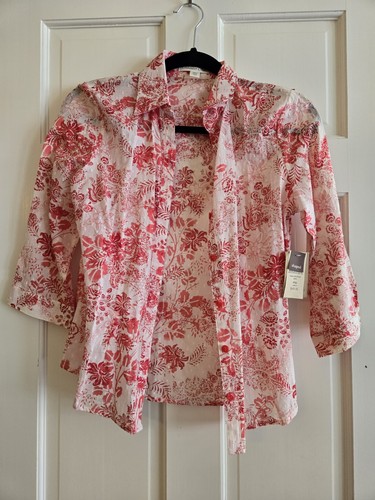 New Women's Coldwater Creek Petite XS 4 Extra Small Red Pink White Floral Button - Picture 1 of 4