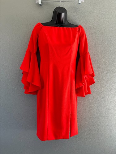 Venus Womens Off the Shoulder Red Knee Length Shift Dress Bell Sleeves Size 2 - Picture 2 of 12