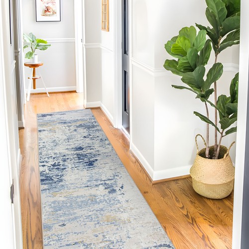 Extra Large Rug Blue Ivory Beige Coastal Modern Abstract Carpet Hall Runner Mat - Picture 9 of 17