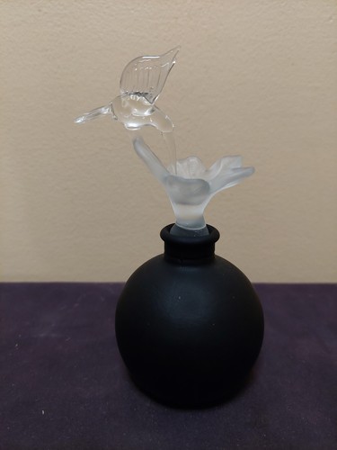 Vintage Black Perfume Bottle w/ Clear Hummingbird and Frosted Flower Stopper  - Picture 1 of 10