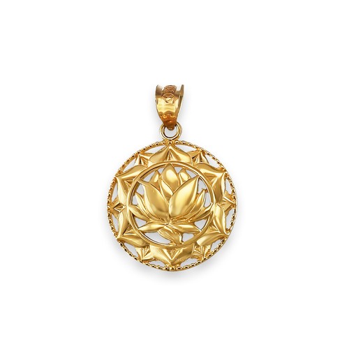 Polished Gold Lotus Mandala Yoga Pendant Necklace | 10k 14k Yellow White Rose - Picture 25 of 42