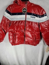 Levi's Boys Water Resistant Red with Stripes Hooded Puffer Coat Sz M 10-12 Yrs