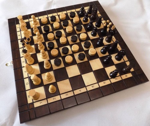 Chess and checkers wooden game board set with chips figurines handmade 2 in 1 - Picture 1 of 7