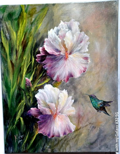 BEAUTIFUL IRISES AND HUMMINGBIRD Original 14x18 Oil Canvas Floral Artist Klein - Picture 3 of 7