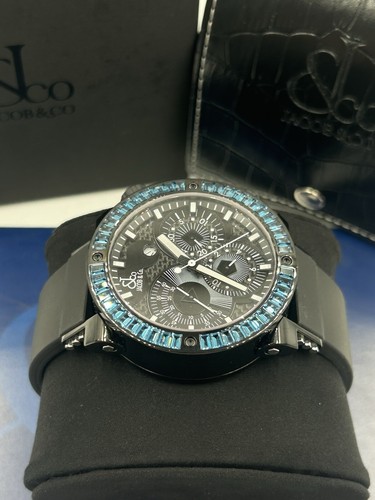 JACOB & CO EPIC II BLACK PVD WITH BLUE TOPAZ BEZEL 47MM OEM - Picture 3 of 12