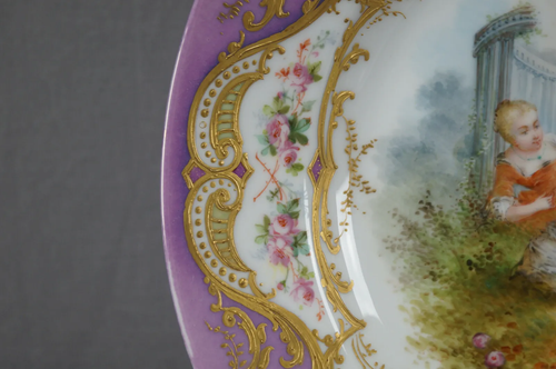 Sevres Style Lebrun Hand Painted Watteau Scene Raised Gold Floral Charger Plate - Picture 8 of 12