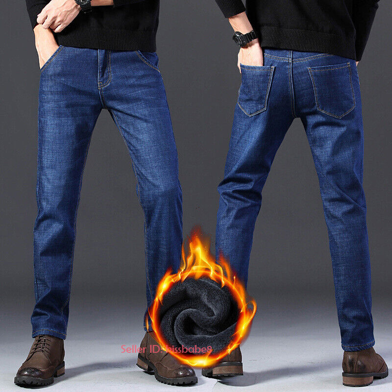 Mens Winter Thermal Jeans Fleece Lined Denim Pant Stretch Straight Leg Trousers eBay