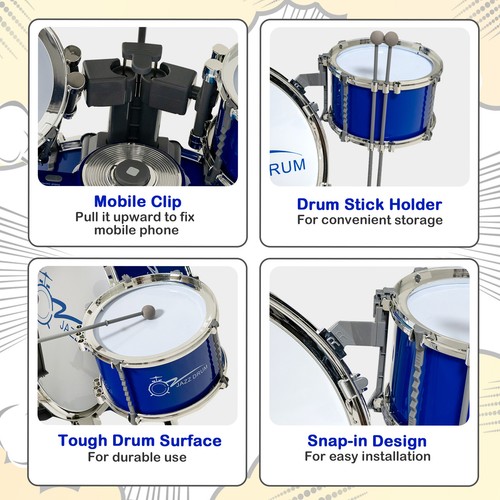 Jazz Drum Set for Toddler Kids Educational Toy w/Keyboard Cymbal Microphone Blue - Picture 9 of 10