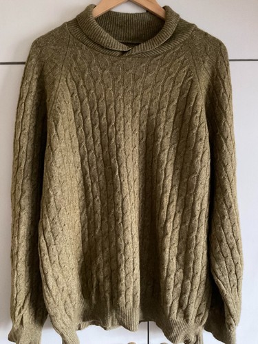 JOHNSTONS SWEATER Lambswool & Cotton Made In Scotland XL Shawl Cable Gold/Green - Picture 2 of 8