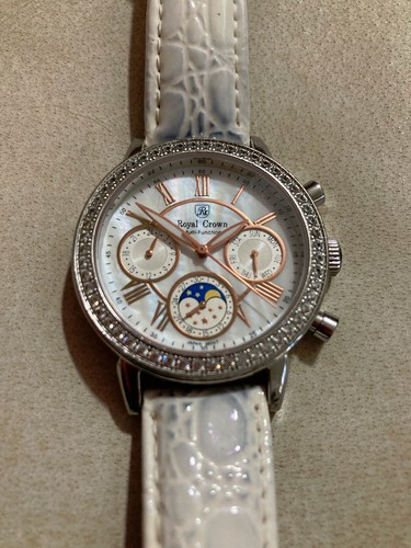 Original Royal Crown Multi Function 6422 White Watch 30M Water 22Cm Rhinestones