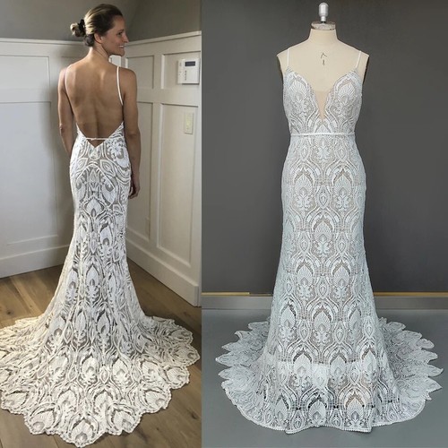 Backless Spaghetti Strap V Neck Lace Mermaid Bridal Gown Wedding Dress - Picture 5 of 7