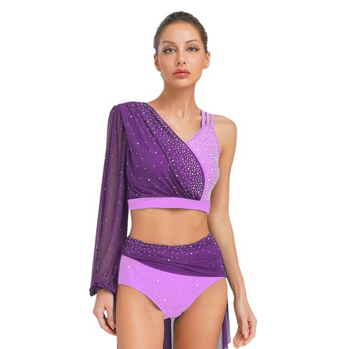 Womens Dancewear Contemporary Tops Rhinestone Crop Top Sparkly Long Sleeve Gym - Imagen 27 de 65