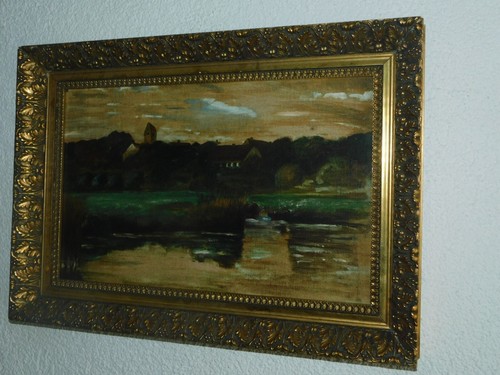 Gemälde  "Stadt mit Kirche und See"! wohl um 1930 mit Stuckrahmen - Bild 3 von 6