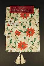 Benson Mills Fabric Tasseled Xmas Table Runner 14" x 72" Poinsettia  Mistletoe