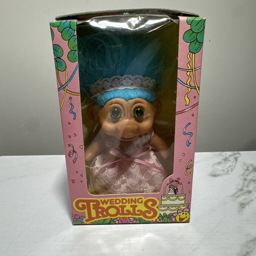 Troll matrimonio troll bambola figura capelli blu rosa vestito tesoro vintage NUOVO - Foto 3 di 8