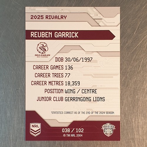 2025 NRL Rivalry Special Edition Reuben Garrick Card 038/102 Manly - Picture 2 of 2