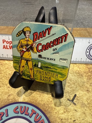 Vintage Davy Crockett Dime Bank ~ Rare Cloudy Sky - Metal Coin Pocket Dime Bank - Picture 1 of 12