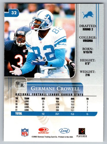 2002 Leaf Rookies & Stars 32 Germane Crowell Detroit Lions Football Card - Picture 2 of 2